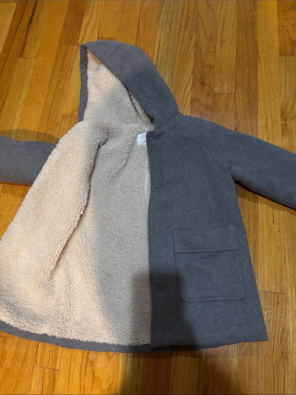 Zara Kids Hooded Pea Coat in Gray with Cream Sherpa Lining